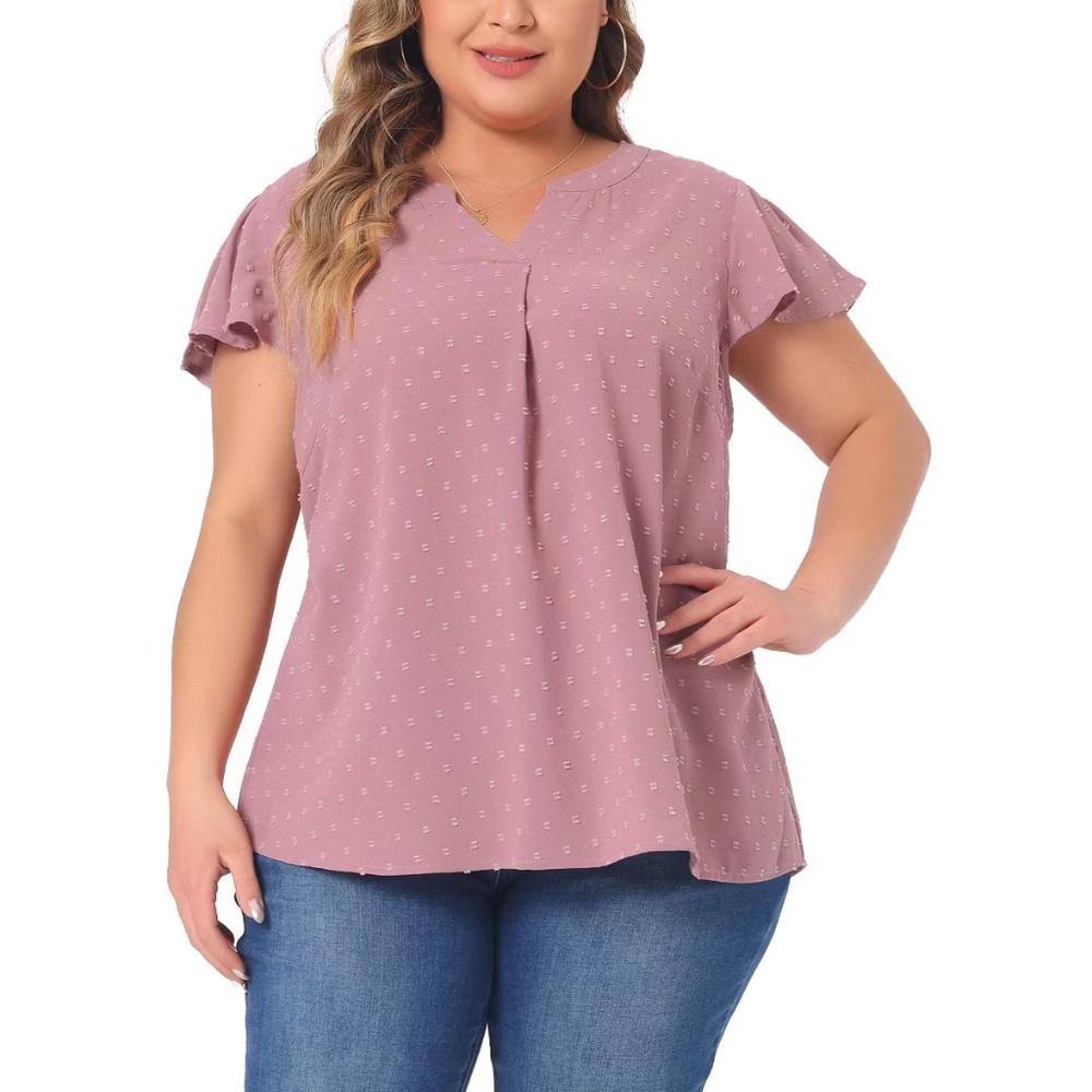 Plus Size Summer V Neck Ruffle Short Sleeve Swiss Dot Flowy Blouses | SIZE: 1X